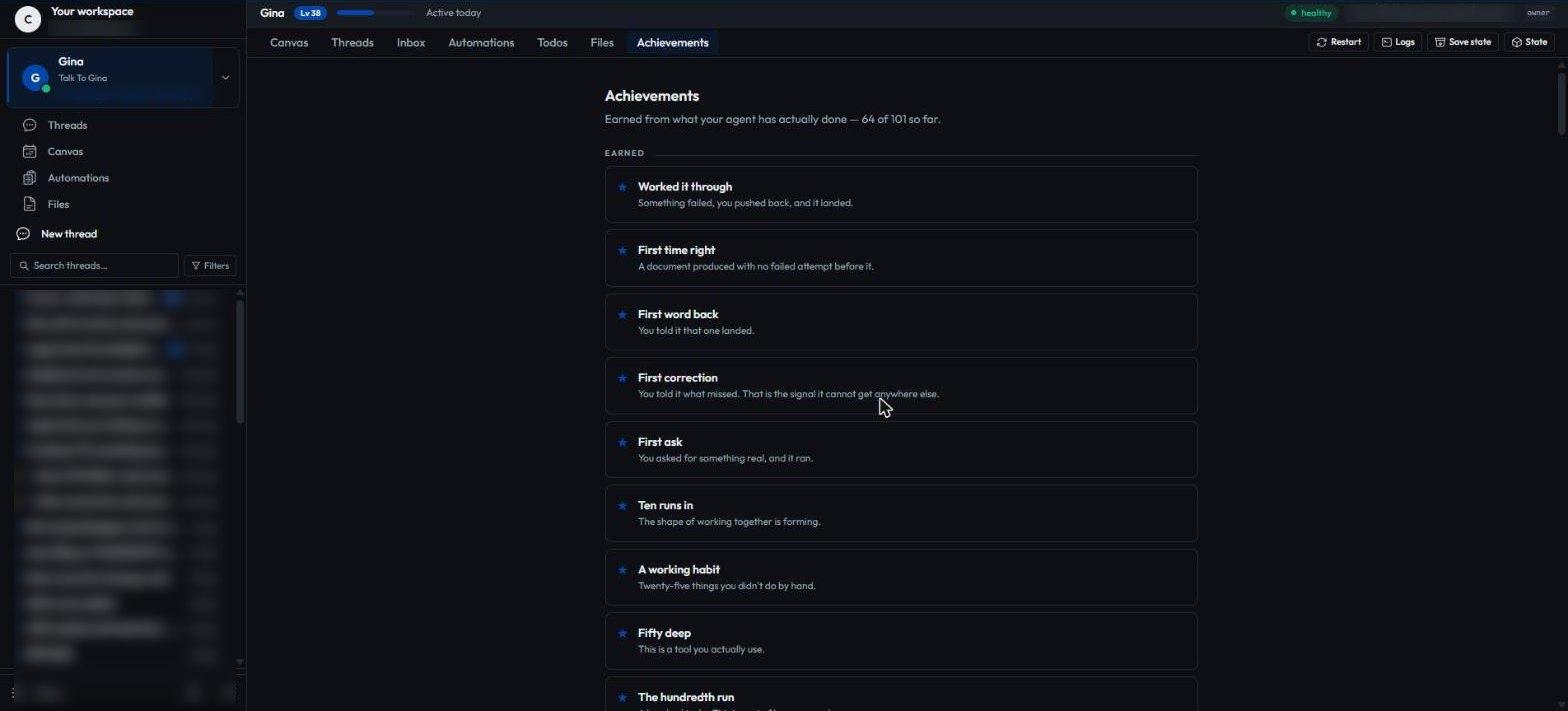 The Gina console showing Achievements: earned from what your agent has actually done, 64 of 101 so far.