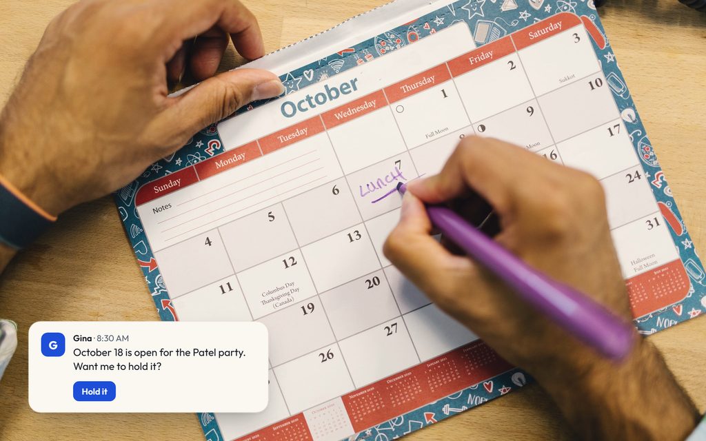 Hands marking a date on an October calendar, with a Gina message offering to hold an open date for a party.