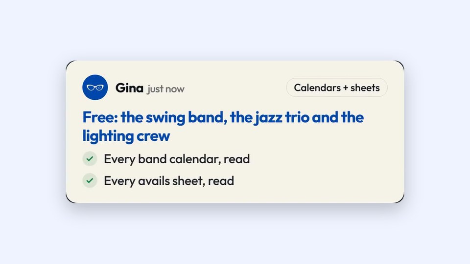 Gina's one-line answer: the swing band, the jazz trio and the lighting crew are free, with every calendar and sheet read.