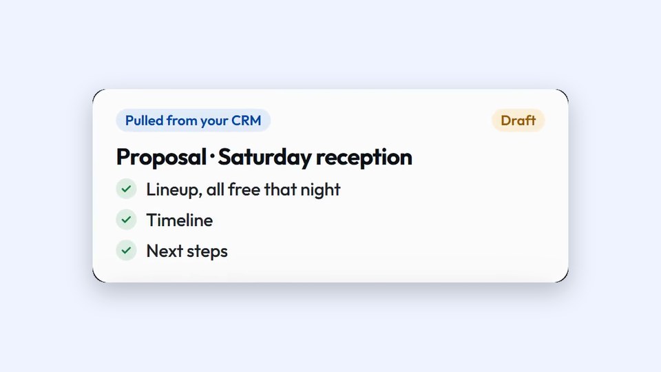 A drafted proposal for a Saturday reception, pulled from the client record and marked Draft.